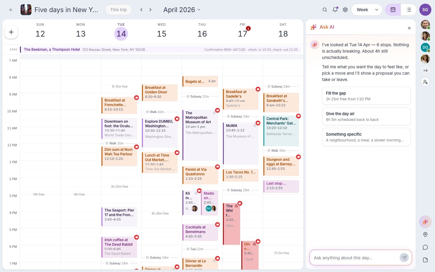 The Intripid advisor offering AI suggestions on a live itinerary
