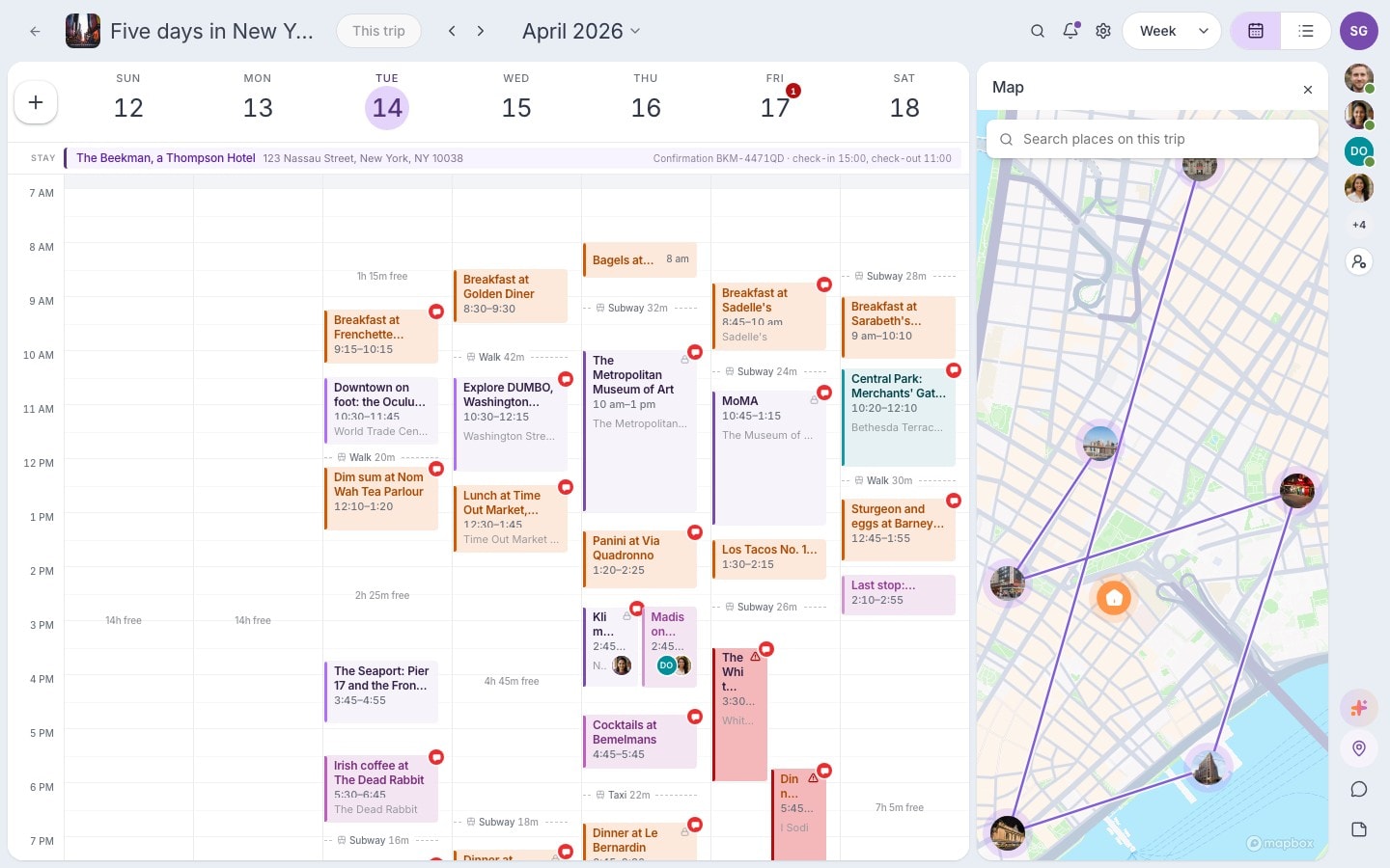 A five-day New York itinerary on the Intripid planner, with the map beside it